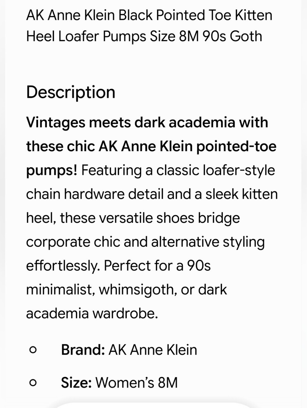 AK Anne Klein Pointed Toe Kitten Heel Loafer Pumps, 8M 90s Goth Whimsigoth Black - Picture 10 of 11